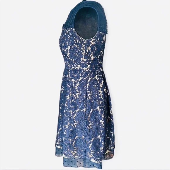 Eliza J Navy Lace Fit Flare Dress Size 2 Illusion Neck - Picture 3 of 7